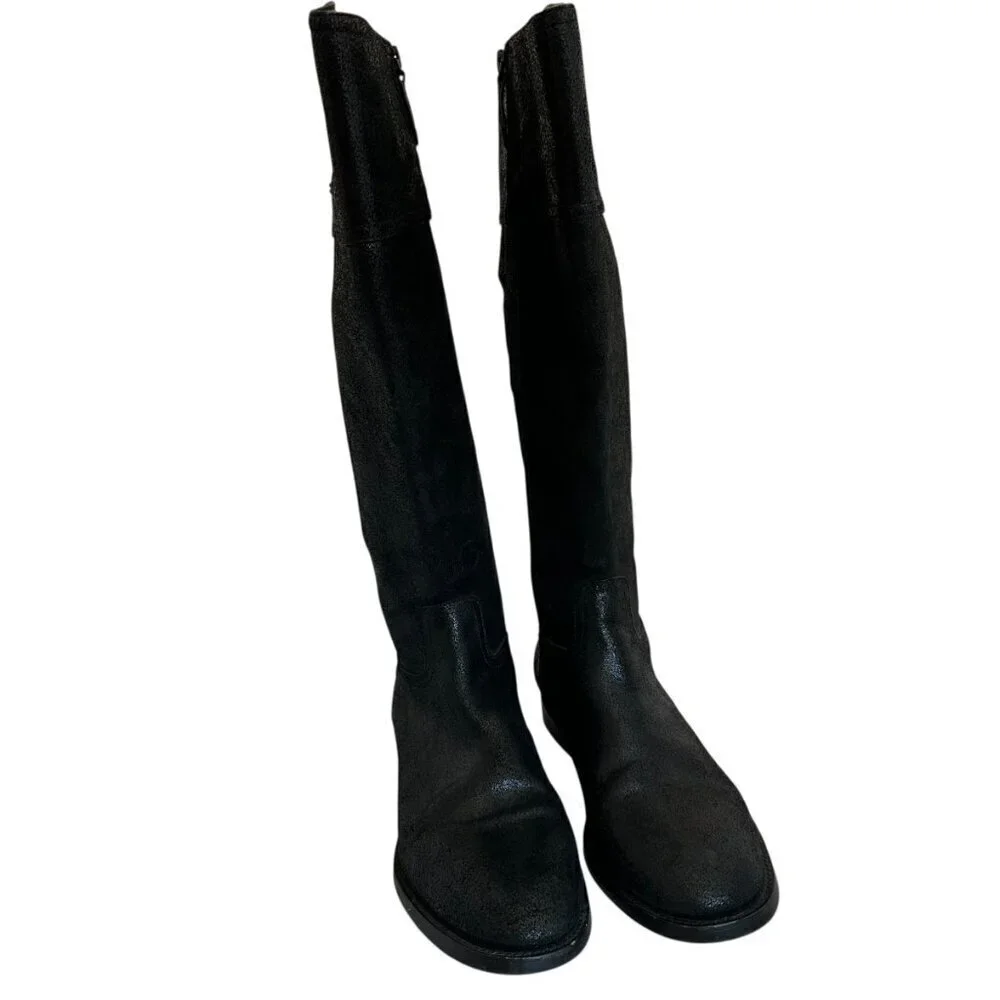Tory Burch Kiernan Black Caviar Tumbled Leather Tall Riding Boots Size 9 Women's